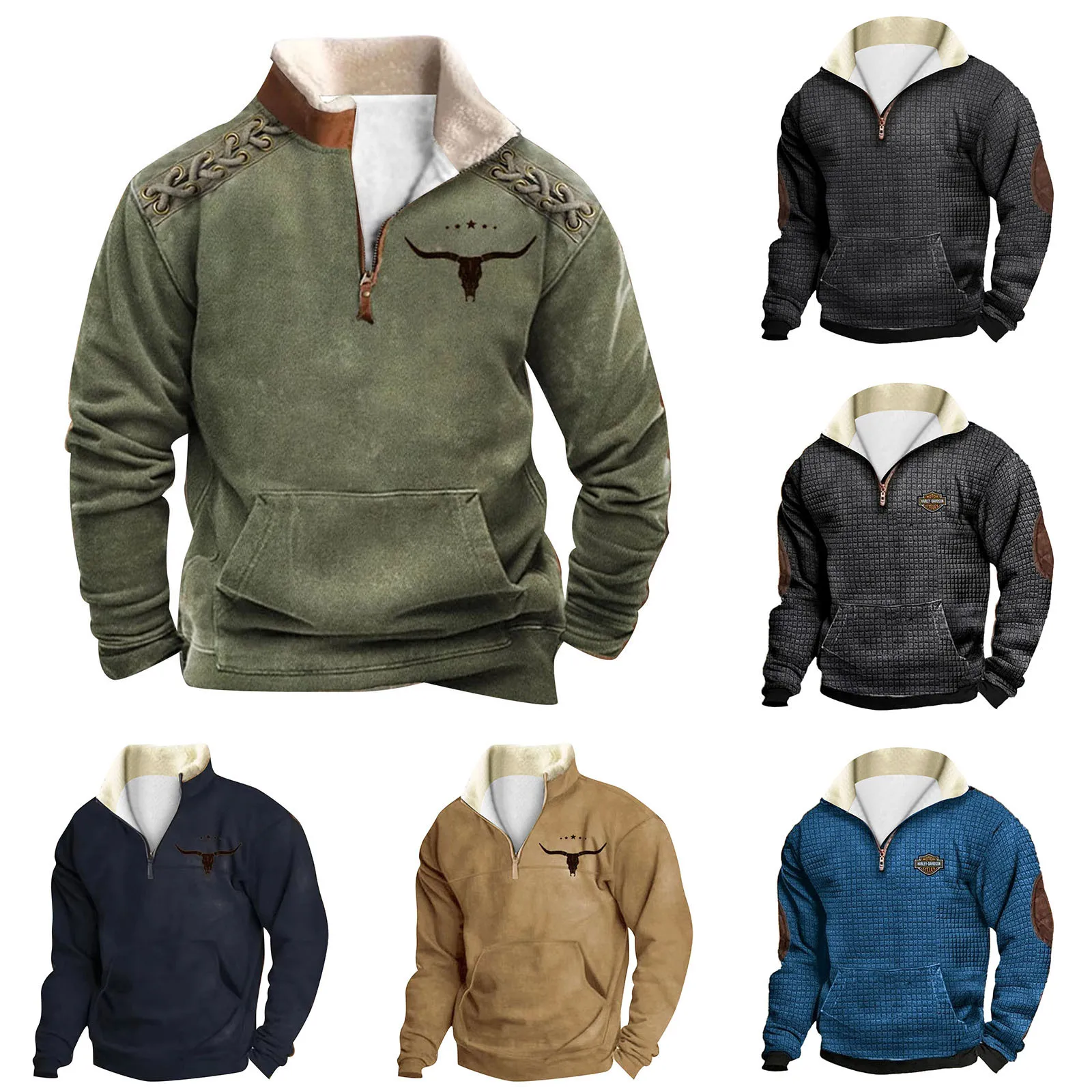 

Autumn Winter Vintage Men Jackets 3D Printed Cowboy Long Sleeves Fleece Cotton Half Zipper Man Coats Hoodies Sweatshirts