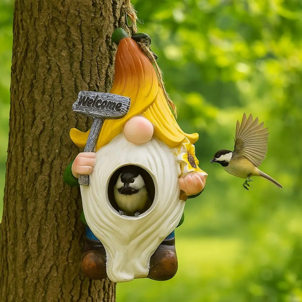 

Resin Crafts White Bearded Dwarf Bird House Weatherproof Handcrafted Wild Bird Nesting Box Ventilation Holes Bird Feeder Hut