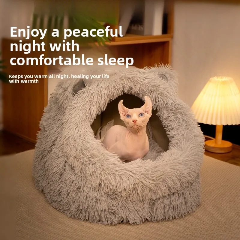 

Теплая плюшевая лежанка-домик для собак с ушками, съемная, моющаяся, полузакрытая, с длинным плюшем, зимний теплый коврик, товары для животных