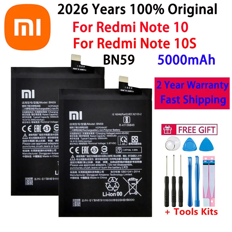 

2026 лет, высокое качество, 100% оригинальный аккумулятор BN59 5000 мАч для Xiaomi Redmi Note 10 Note 10 10S, аккумуляторы Bateria, быстрая доставка