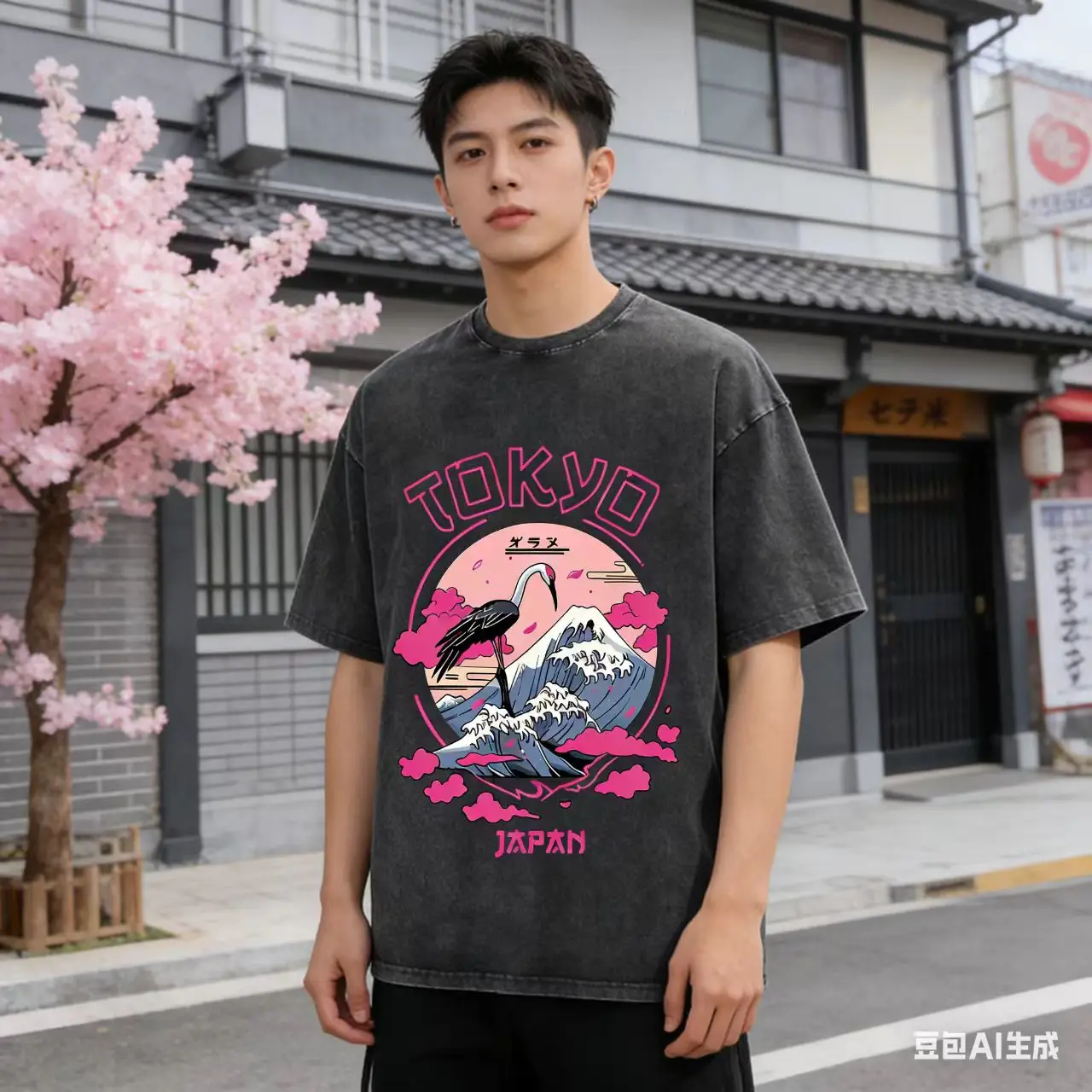 Japanese Red Crowned Crane Mount Fuji Printed Washed Black Hip Hop Tshirts Women and Men Short Sleeve Y2k Aesthetic Oversize Tee