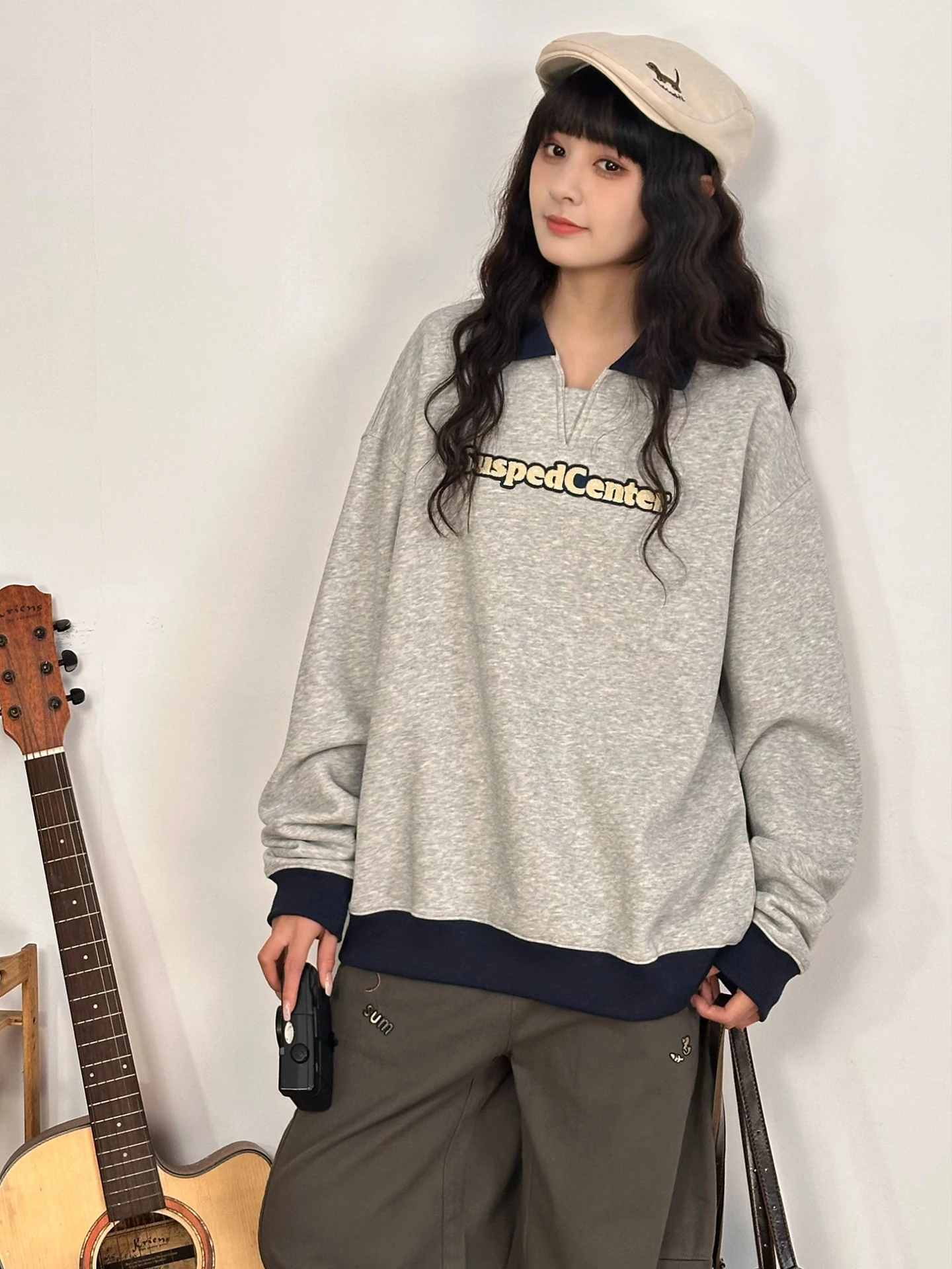 

Loose Fit Collar Sweatirt Women's Autumn Faion College Sle Versatile Top Streetwear Long Sve Cotton Polyester