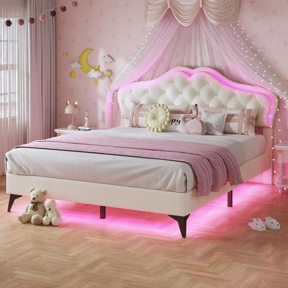 Queen Size Upholstered Bed Frame with LED Lighting, Crystal Button Headboard, Girls' Princess Platform Bed, Solid Wood Slat Supp