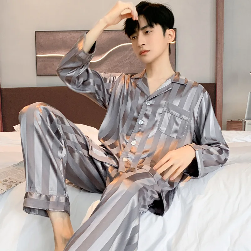 Men\'s Pajama Summer Long-sleeved Ice Silk New High Quality Stain Sleepwear Suit Home Clothes Male Night Wear Pyjamas Gentlemen