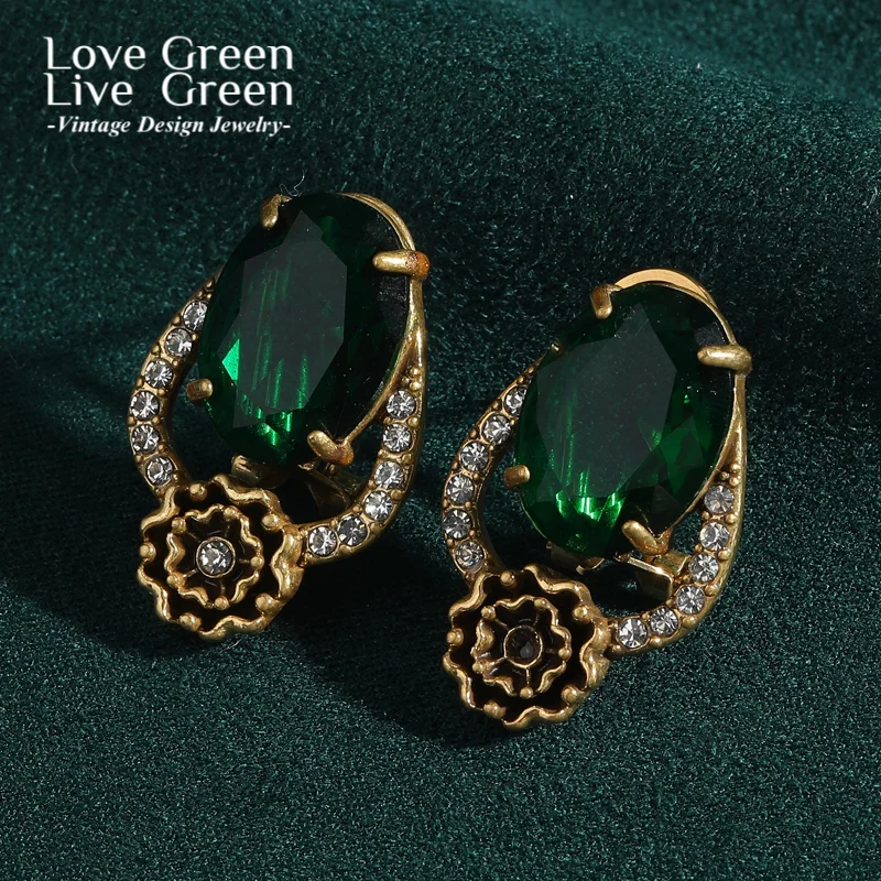 

Vintage Green Crystal Black Flower Stud Earring Gold Color Rhinestone Jewelry Designer Quality Luxury Gifts New Trends In 2025