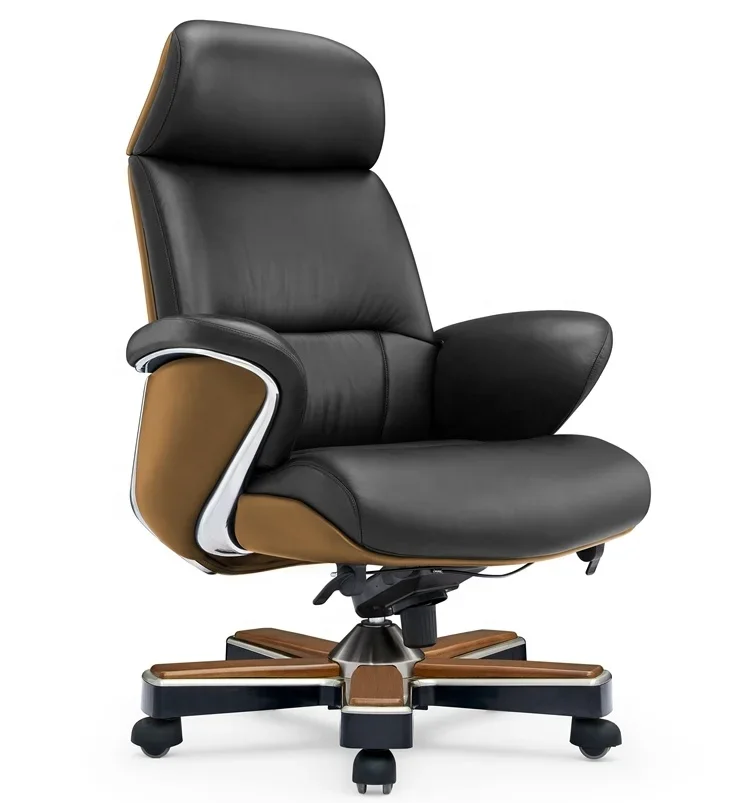 Luxury Brown Leather Ergonomic Office Chair Executive Swivel  High Back Wood Grain Conference 