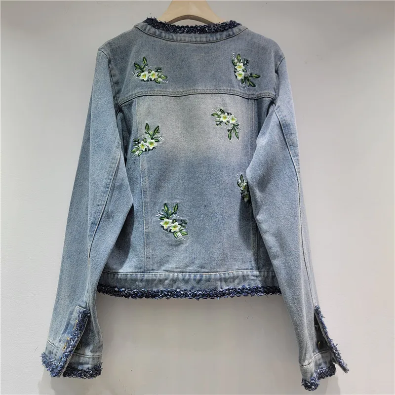 

Heavy Work Embroidery Flower Denim Jacket Women Loose Casual Big Pocket Round Neck Single-Breasted Long Sleeve Cowboy Outerwear