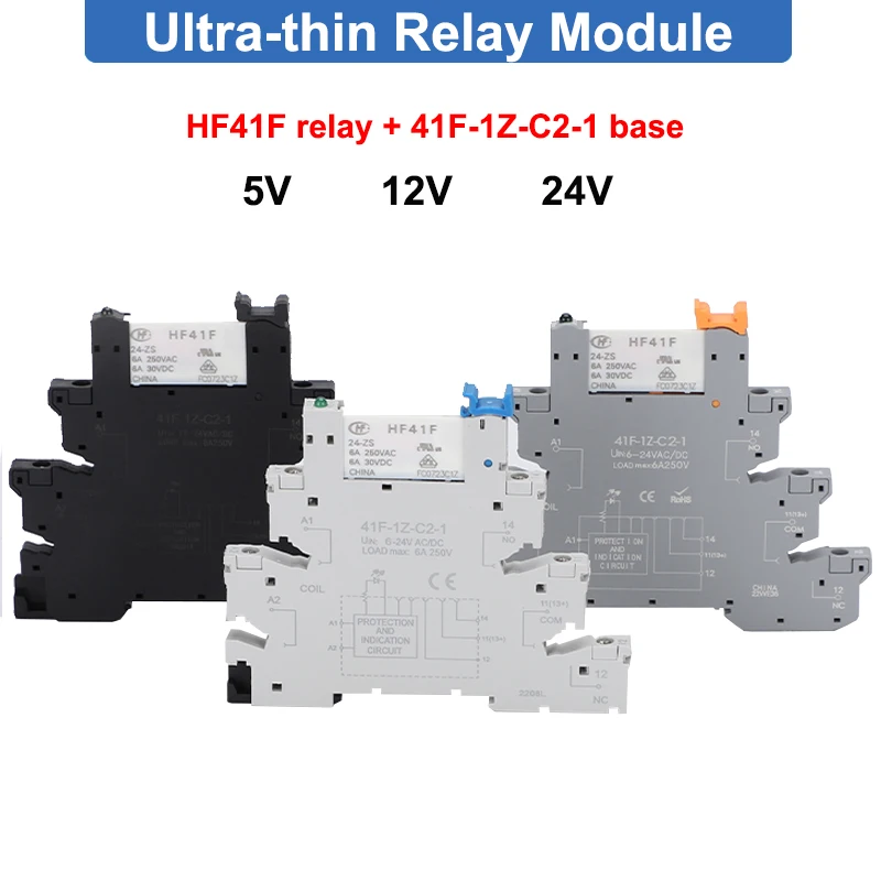 Relais 6A 1CO 41F-5-ZS 41F-12-ZS 41F-24-ZS 5V 12V 24V, montage DIN avec LED haute fréquence, relais Utra-fin mince/SSR