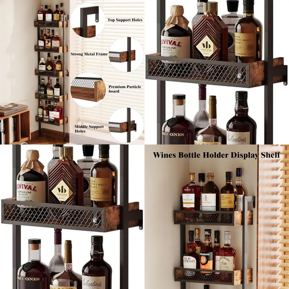 

Rustic Brown 5-Tier Home Bar Stand, Wall-Mounted Wine Rack, Bottle Holder Shelf with Fences for Kitchen, Dining, and Bar Display