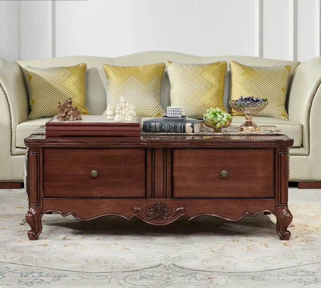 American-style all-solid-wood coffee table Small apartment living room household rectangular tea table pumping storage tea table