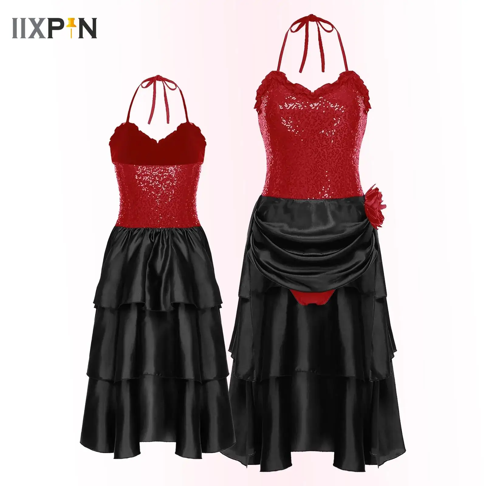 

Latin Dance Dress Adults Sexy Halter Sequined Ballroom Dress Tango Salsa Cha Cha Samba Rumba Wear Latin Stage Practice Clothes