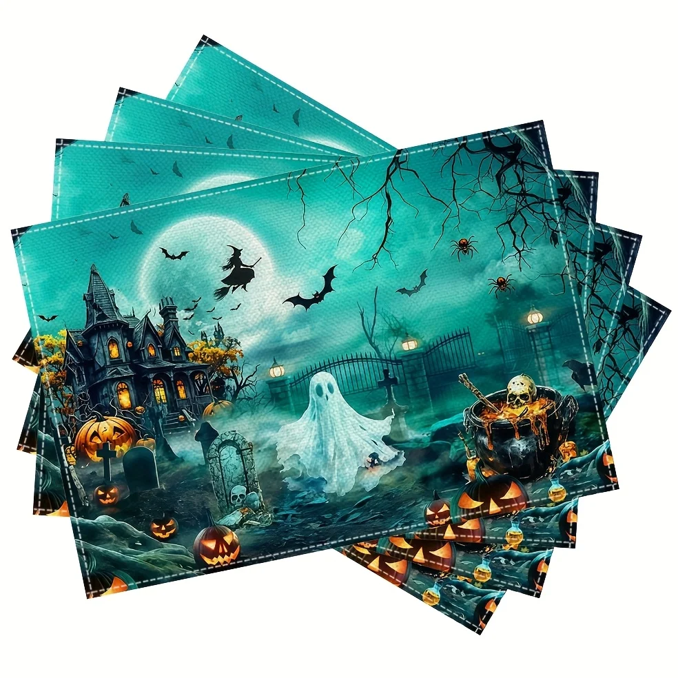 4pcs Halloween Placemats with Witch Pumpkin Table Mat Spooky Haunted House Table Decor Place Mat  Home Kitchen Dining Party