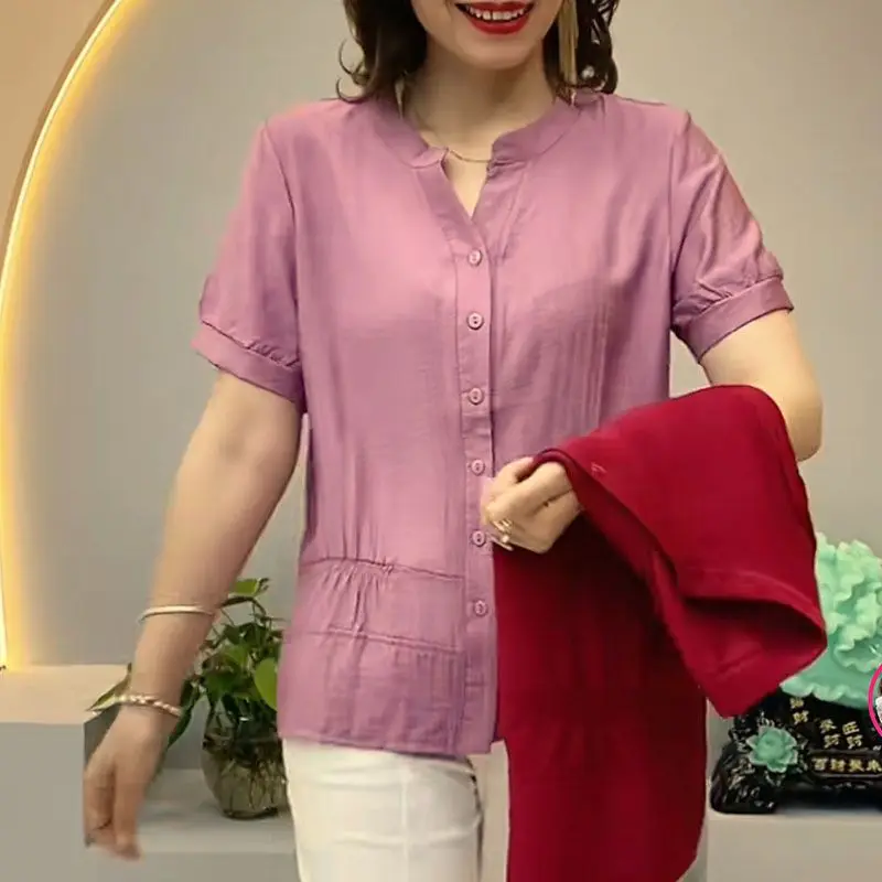 Summer V Neck Solid Loose Short Sleeve Chiffon Top Blouse Women Fashion Ruffled Casual Button Up Shirts Blusas Mujer Clothes2023