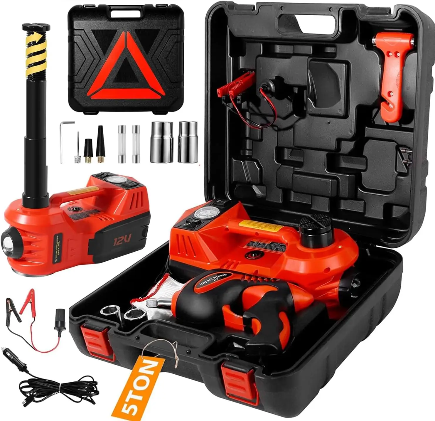 Electric Car Jack Kit 5 Ton 12V Floor Jack with Impact Wrench and Tire Inflator Pump Portable Hydraulic Car Jack for SUV Sedans