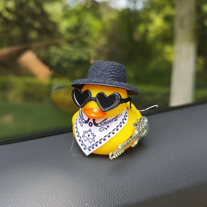 1PC cute yellow duck car ornament with black dome hat and guitar, car decoration, holiday gift