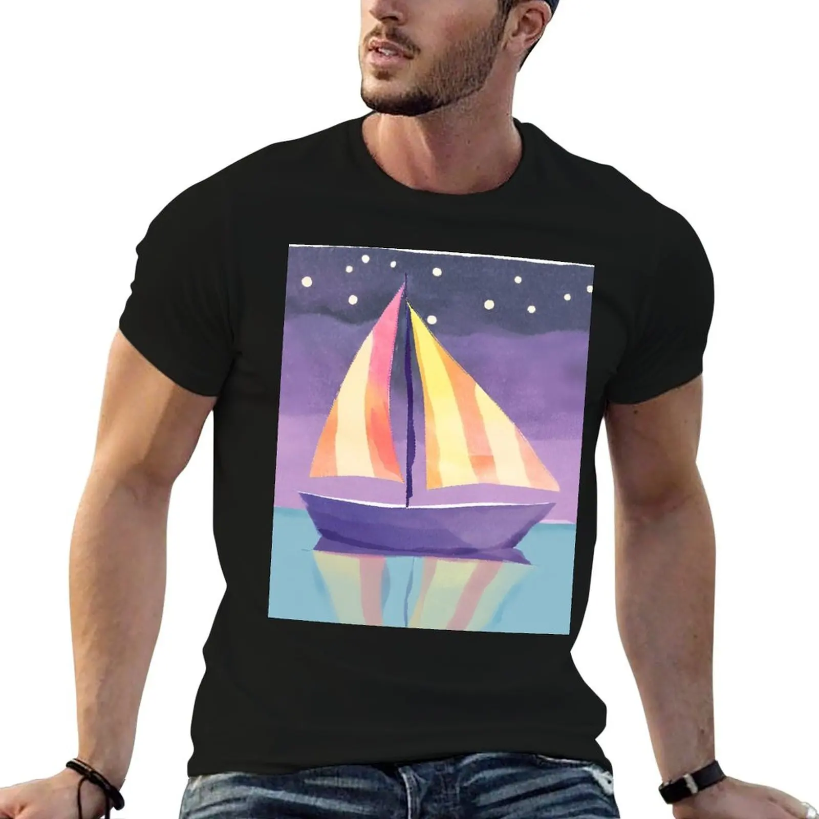 striped sailboat on the open sea under the stars T-Shirt graphic t shirts oversized cute tops plain t shirts men