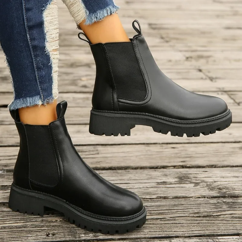 Chelsea Boots Women 2023 New Winter Fashion Round Toed Warm Ankle Boots Women PU Leather Platform Shoes for Women Zapatos