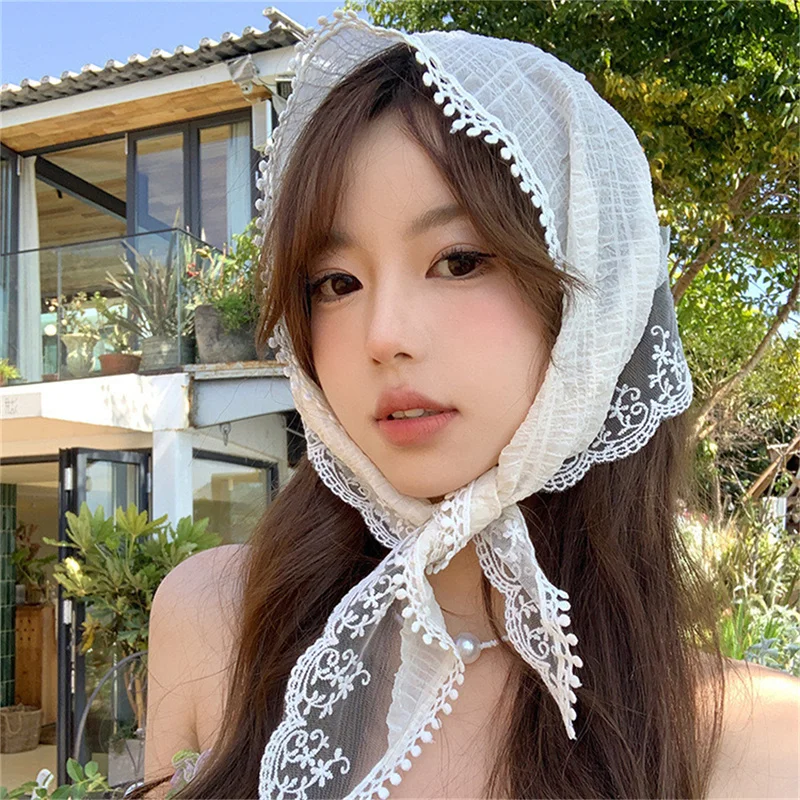 Lace Triangle Scarf Summer Flower Fabric Hair Bands Bandage Bandana Women Retro Simple Hair Accessories Travel Photo Styling