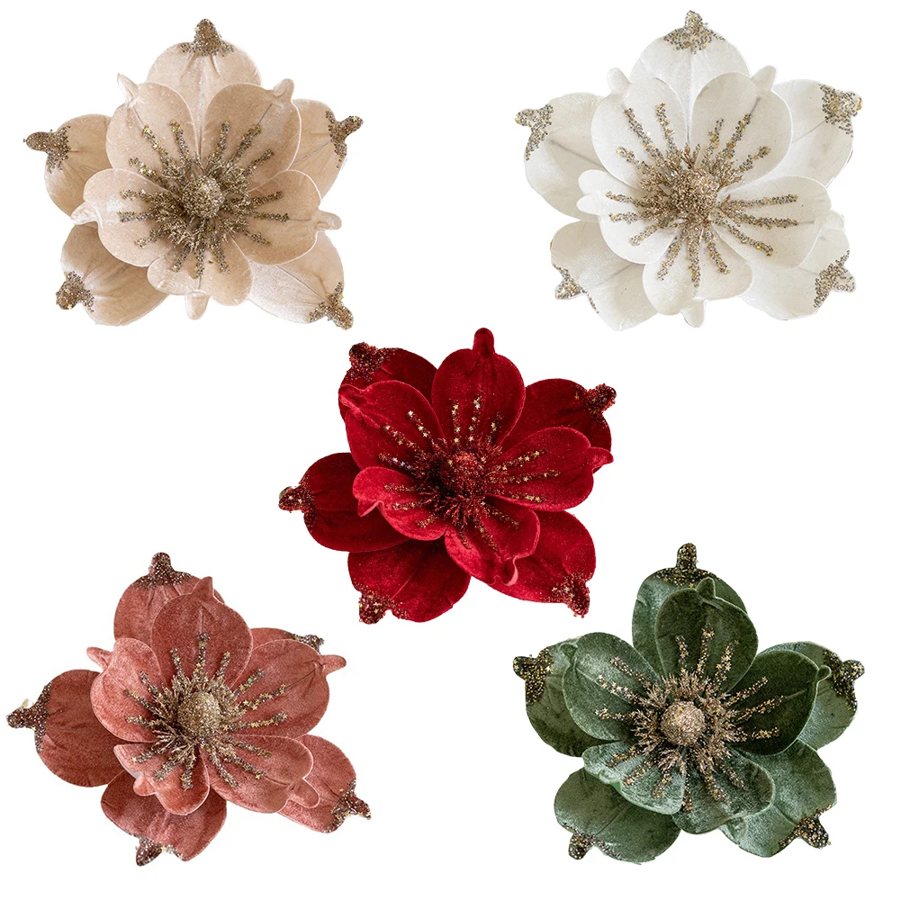 1pc 24cm Glitter Künstliche Weihnachtsstern Blumen Weihnachten Kranz Weihnachten Baum Blumen Ornamente Weihnachten Home Dekoration Grün Rot