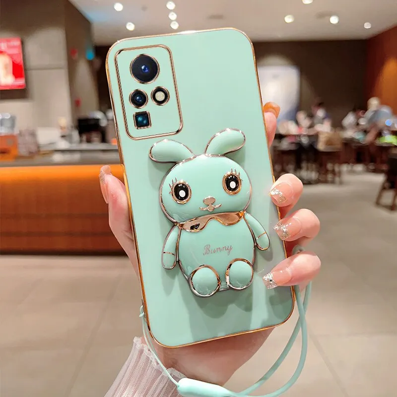 Phone Case For Infinix Tecno Zero X Neo Tecno ZeroX Neo Luxury Plating Square Rabbit Holder With Landyard Phone Case Cover