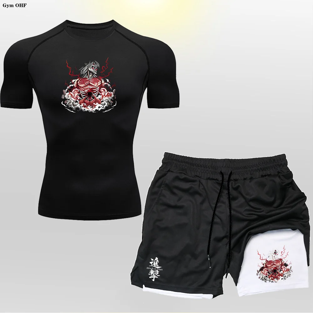 Men\'s Professional Training Anime Printing Theme Set Sweat Absorbing High Elasticity Body Shaping Tight Fashion GYM Running MMA