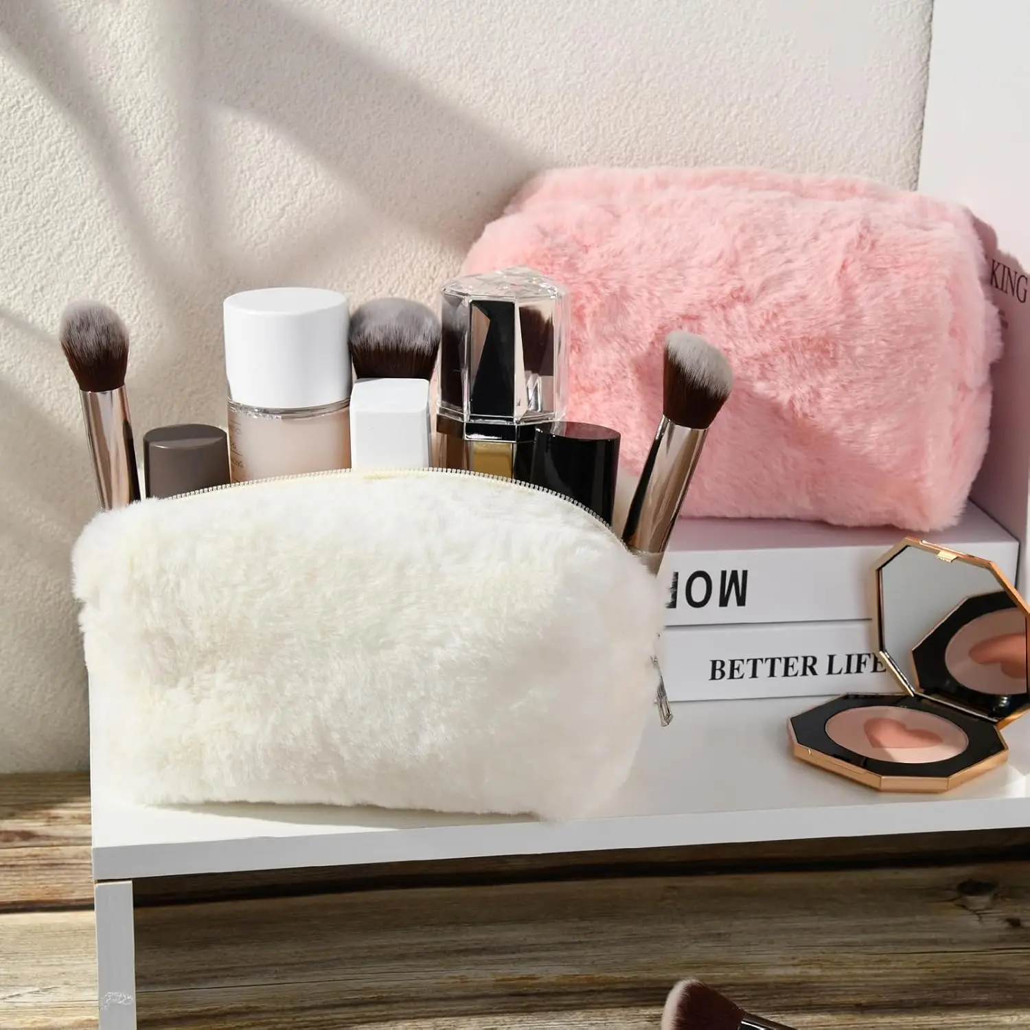 Bolsa de maquillaje, bonita bolsa de cosméticos de felpa, bolsa de maquillaje rosa y blanca, bolsa de aseo de viaje, organizador, bolsa de almacenamiento hinchada para mujer