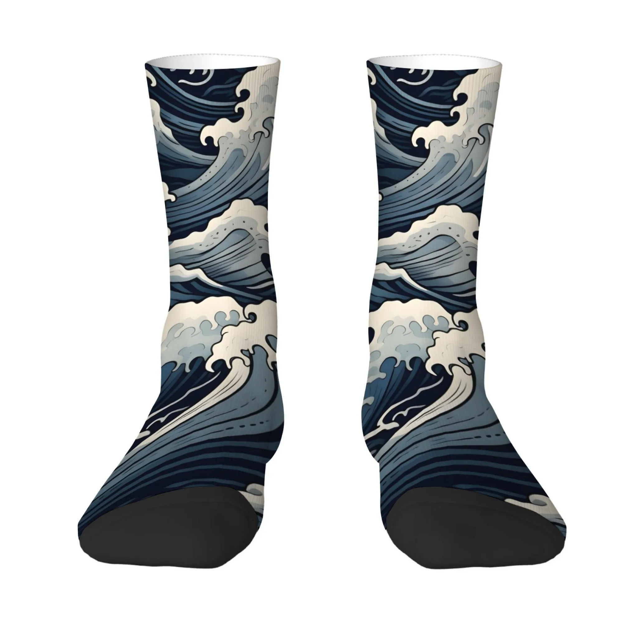

Kanagawa Surfing Scene Inspired Men's Mid-Calf Socks Wave Foam Japanese Artistic Aesthetic Comfortable Breathable Durable Socks