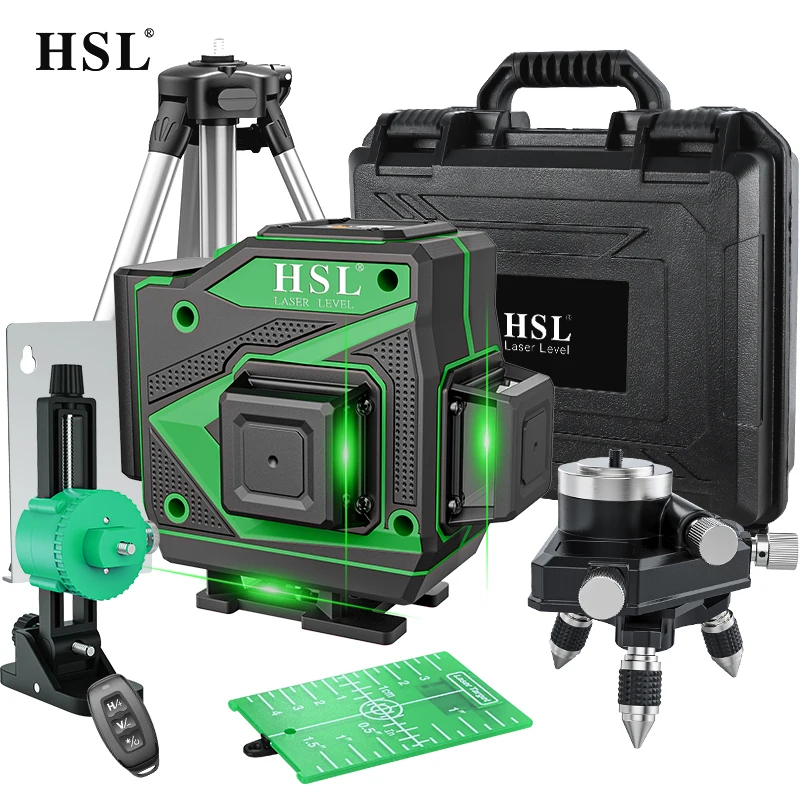 

Мощный зеленый лазерный уровень HSL, 12 линий, 3D самонивелирующийся 360 горизонтальный и вертикальный крестообразный супермощный нивелир со штативом