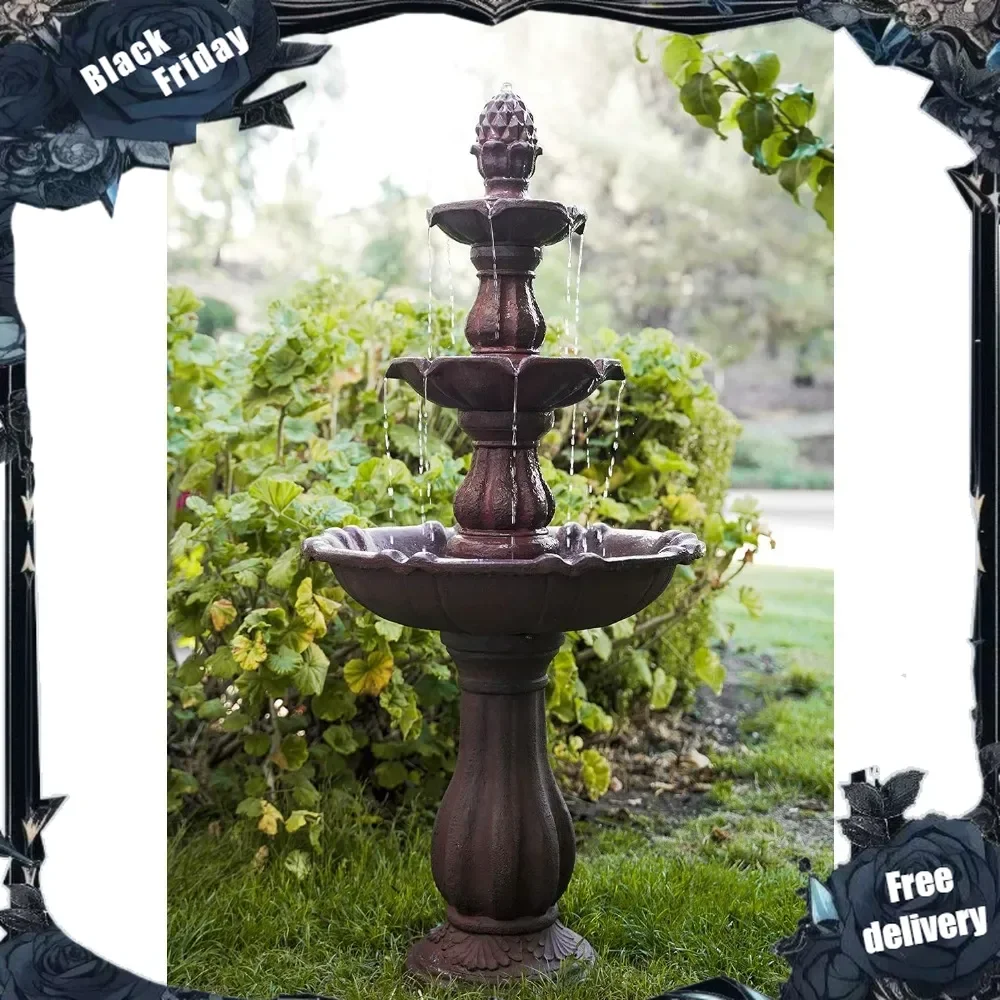 

3-Tier Freestanding Waterfall Fountain w/Pump & Pineapple Top, 51 Inch Tall, Brown, Large Outdoor Garden Fountain