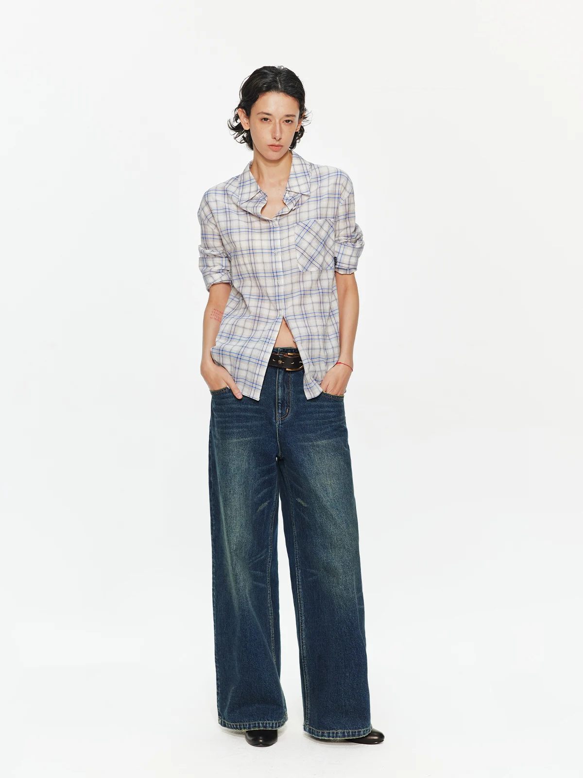

New Loose Light Blue Plaid Shirt 30R 90s Cleanfit Simple Style Cotton Long Sleeve Women's Business Casual Shirt