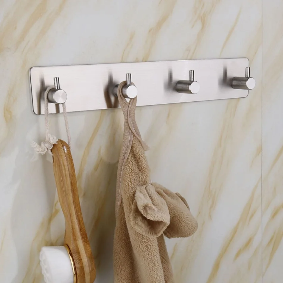 Adhesive Wall Hook Brushed Stainless Steel Bedroom Bathroom 2 3 4 5 6 Row Hooks Robe Clothes Towel Door Holder Storage Hanger