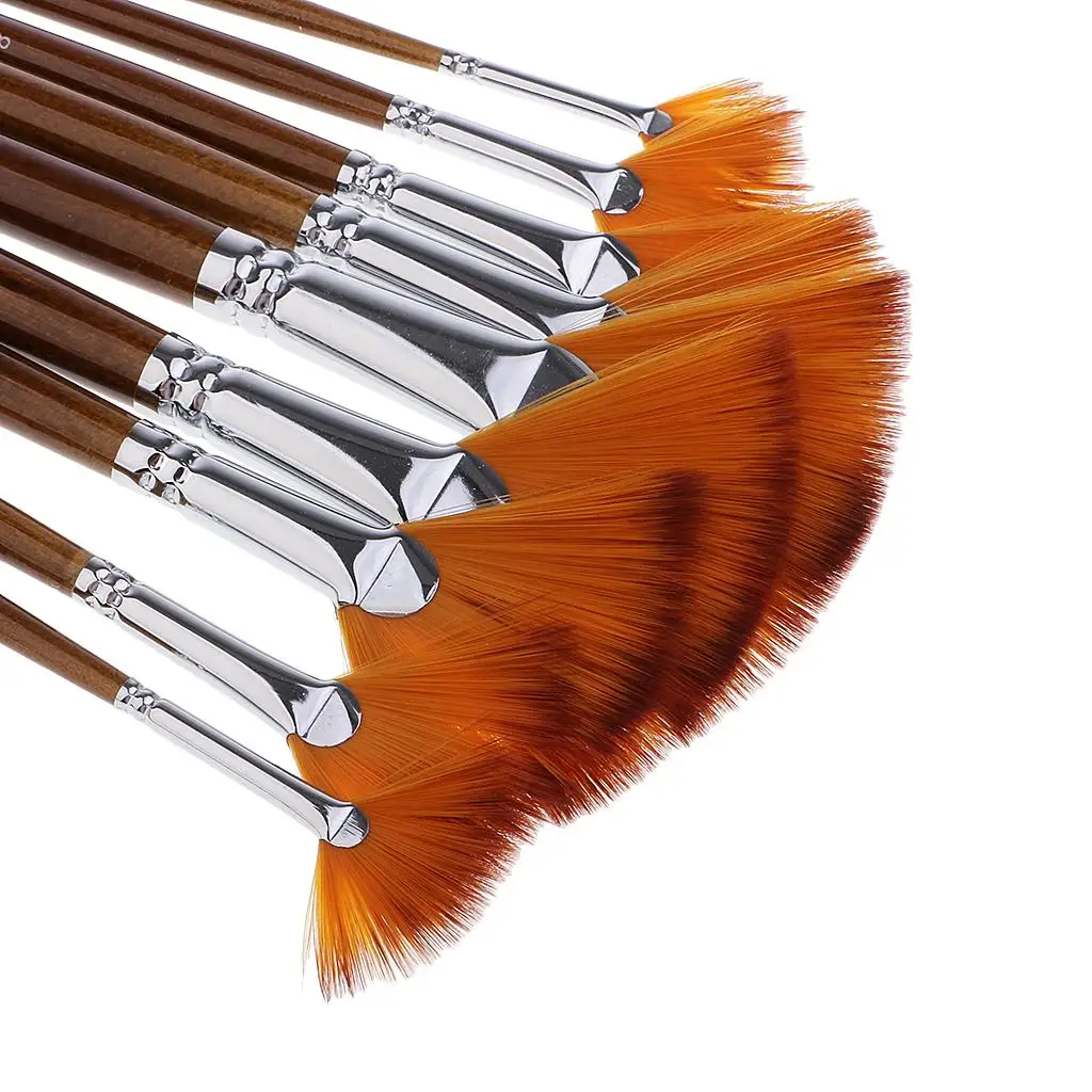 Set 9 Size Fan Shape Brushes Oil Acrylic Water Painting Artist Wooden Handle