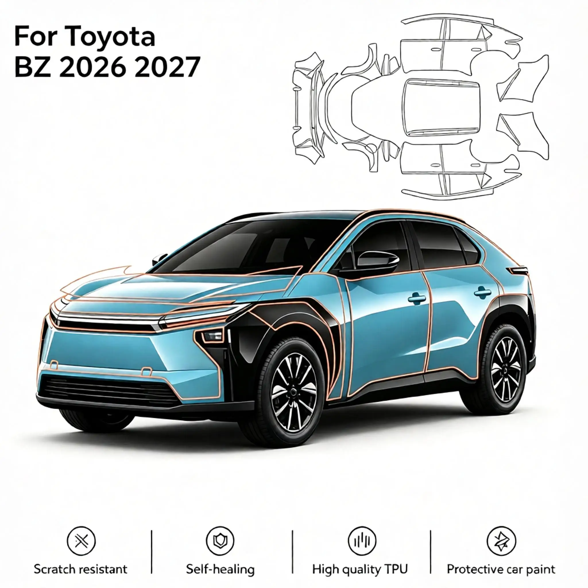 Für Toyota BZ 2026 2027 9Mil TPU Kratzfeste Selbstheilende Matte und Klare Lackschutzfolie Unsichtbares Vorgeschnittenes PPF-Kit ﻿