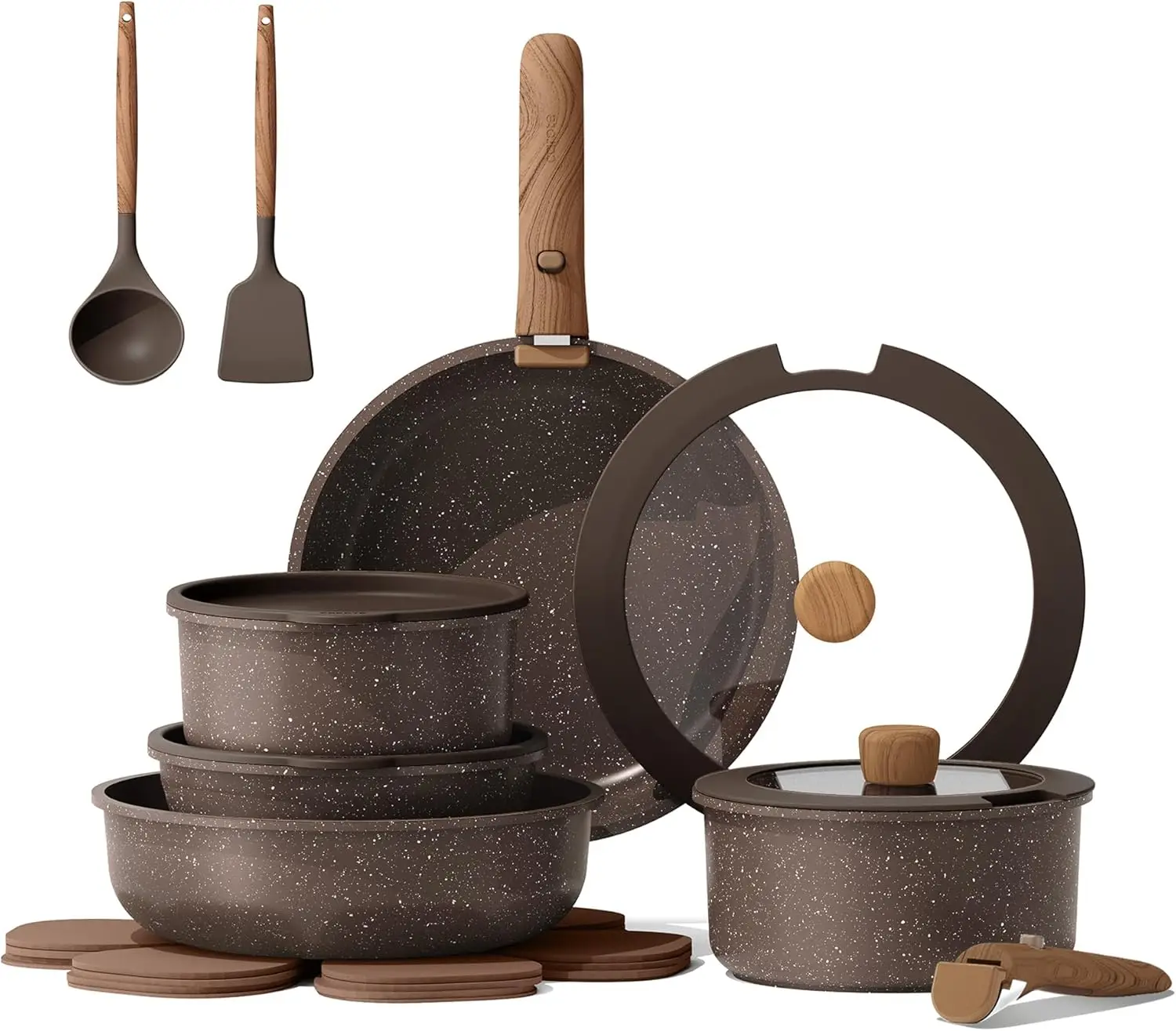 

17-Piece Nonstick Cookware Set with Detachable Handle, Oven/Dishwasher Safe, Induction Compatible, Brown for Kitchen and RV
