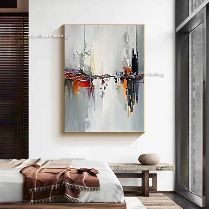 New Home Wall Art Items Hand Drawn Grey Red Abstract Canvas Oil Painting Large Simple Black Grey White Wall Art Decor For Room