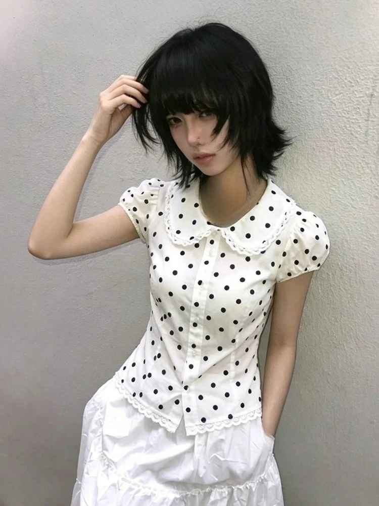 Summer Sweet Fairy Blouse Clothing Peter Pan Collar Tees Women's Clothes Fashion Y2k Japanese T-Shirt Polka Dot Vintage Shirt