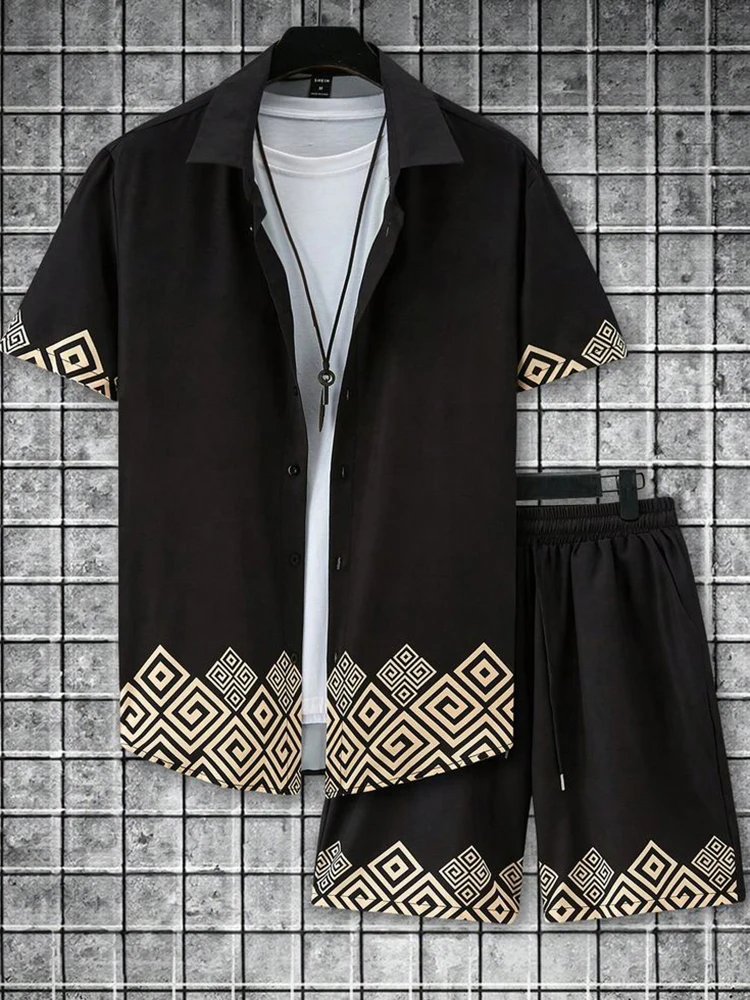 قميص مجموعة الرجال الصيف ثلاثية الأبعاد قميص مطبوع ومجموعة تي شيرتات قصيرة للأطفال الرجال والنساء موضة عادية جديدة بسيطة التلبيب قميص هاواي صيفي