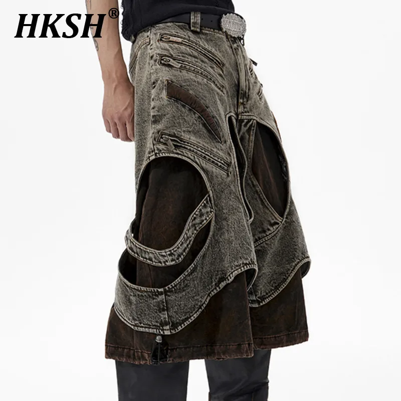 

HKSH Summer New Men's Tide Two-piece Structure Design Sense Capris Denim American High Street Fashion Patchwork Pants Ins HK5252