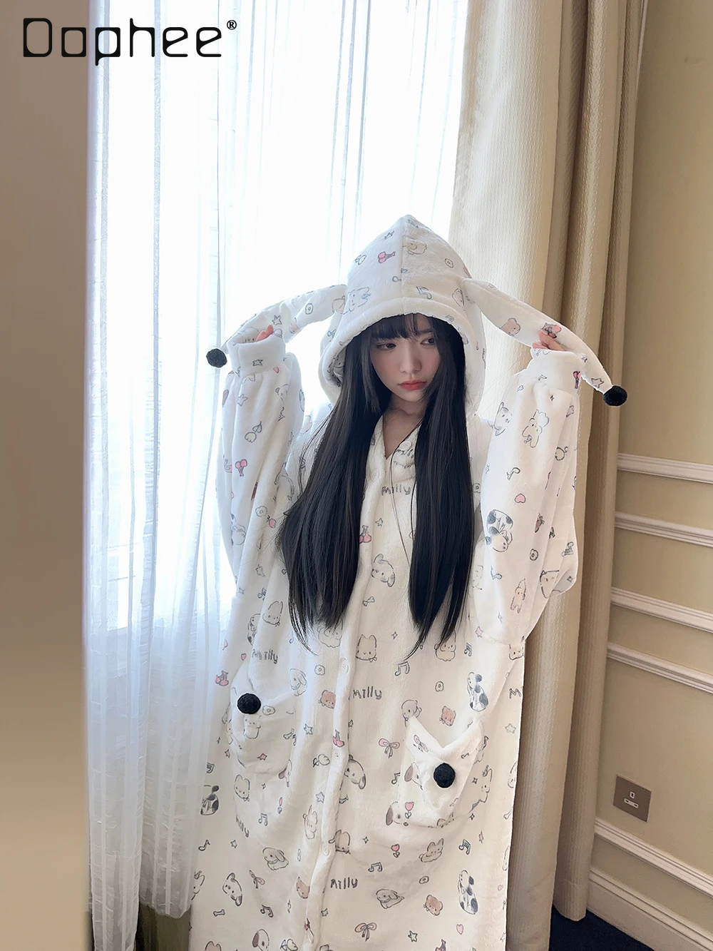 

Japanese Nightgown Sets Women Autumn and Winter Thickened Long Sleeve Plush Cute Cartoon Printed Loose Hooded Loungewear