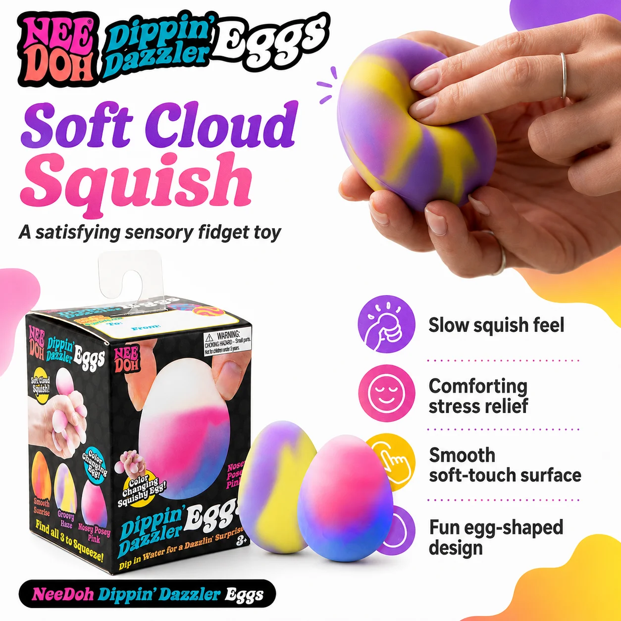 NeeDoh Dippin Dazzler Eggs Easter Squishy Stress Relief Toy Color Changing Soft Rubber Sensory Fidget Gift