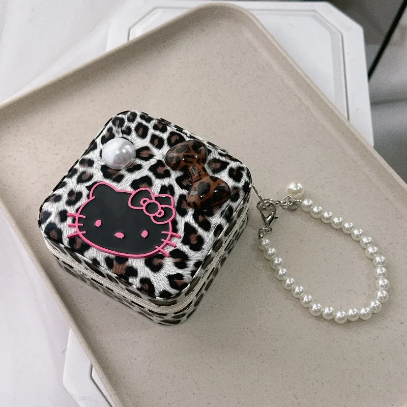 

Cute Leopard Print Kt Cat Jewelry Box Women Necklace Stud Earrings Storage Box Cartoon Travel Portable Small Bag Pendant