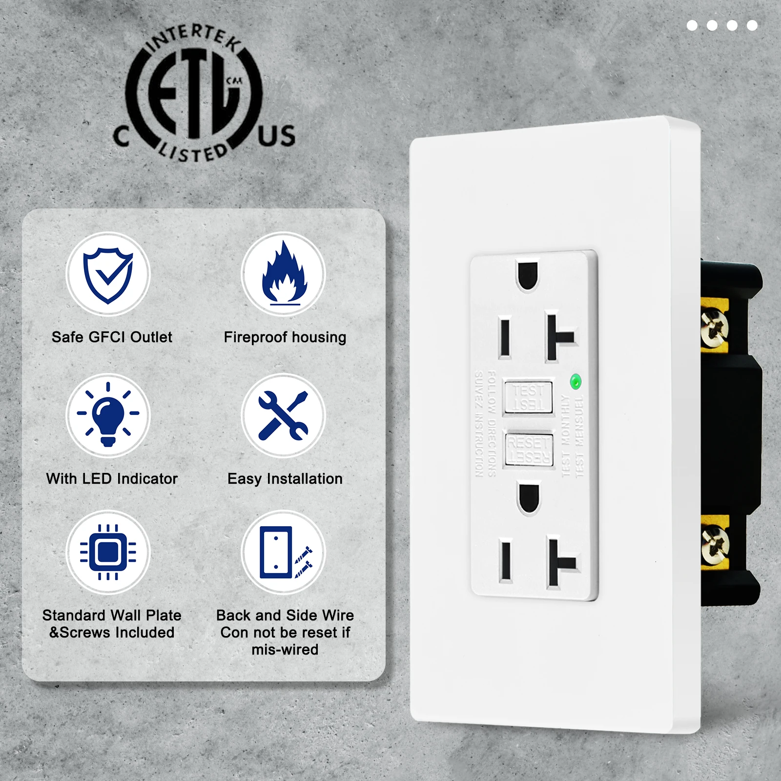 1Pcs-20Pcs GFCI 20Amp Wall Outlets Electrical Duplex Receptacle With ETL Certification Not Tamper-Proof White Wall Power Sockets