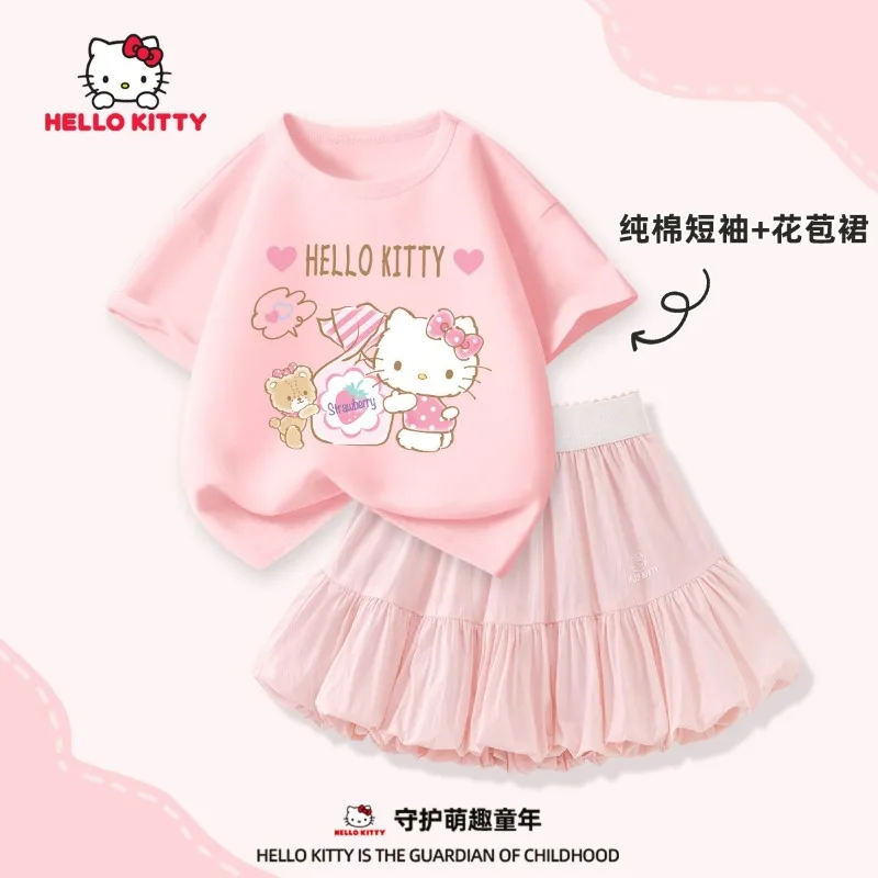 

Hello Kitty Anime Kawaii Sanrio Ins Fashion Short Sleeve Shirt Skirt Cute Summer Fashionable Children Princess Clothing Gifts