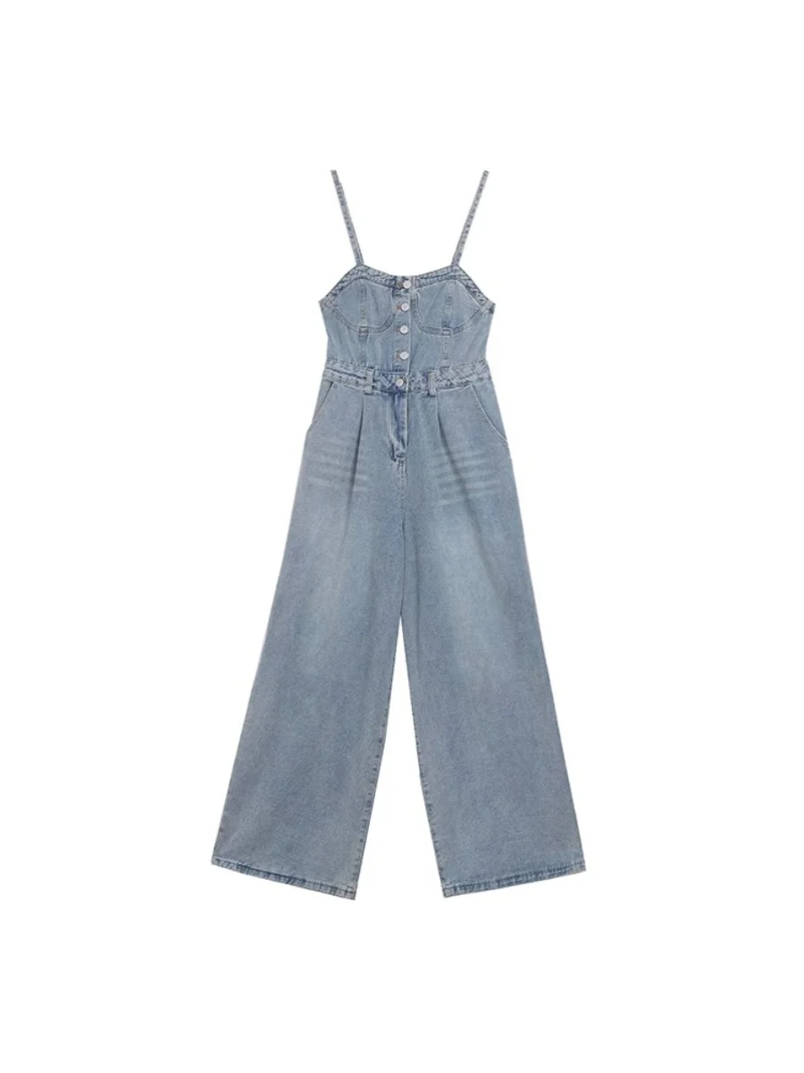 Ci Denim-Overall mit hoher Taille und weitem Bein für Damen, Sommer, lockere, schlankmachende, gerade geschnittene Hose, Vintage-Riemen-Einteiler, Baumwollmischung