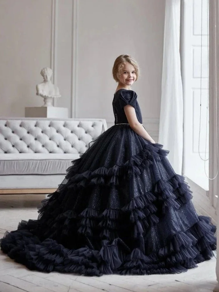Custom Flower Girl Dress Round Neck Bubble Short Sleeve Thin Rhinestone Waistband All Over Glitter Mesh Multi-Tier Ruffle Tulle