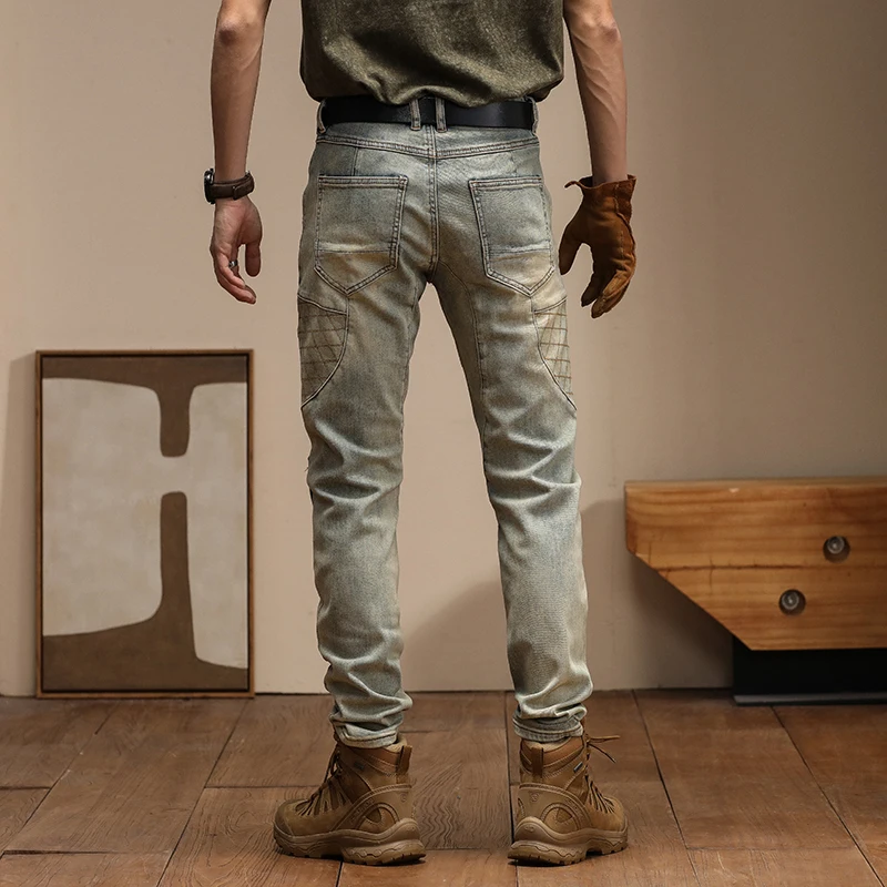 New American High Quality Slim Fit Patch Motorcycle Pants Vintage Jeans for Men Skinny Jeans Men cargo pants  streetwear men