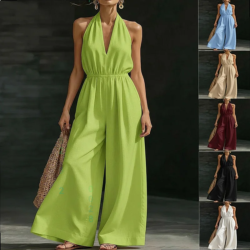 

2026 Spring Summer V Neck Halter Jumpsuit Women Fashion Overall Playsuit Jumpsuits Elegant Bodysuit