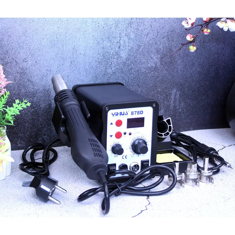 YIHUA 878D Heteluchtpistool Soldeerstation Met 907A Soldeerbout Station lasmachine smd kleine solderen rework station