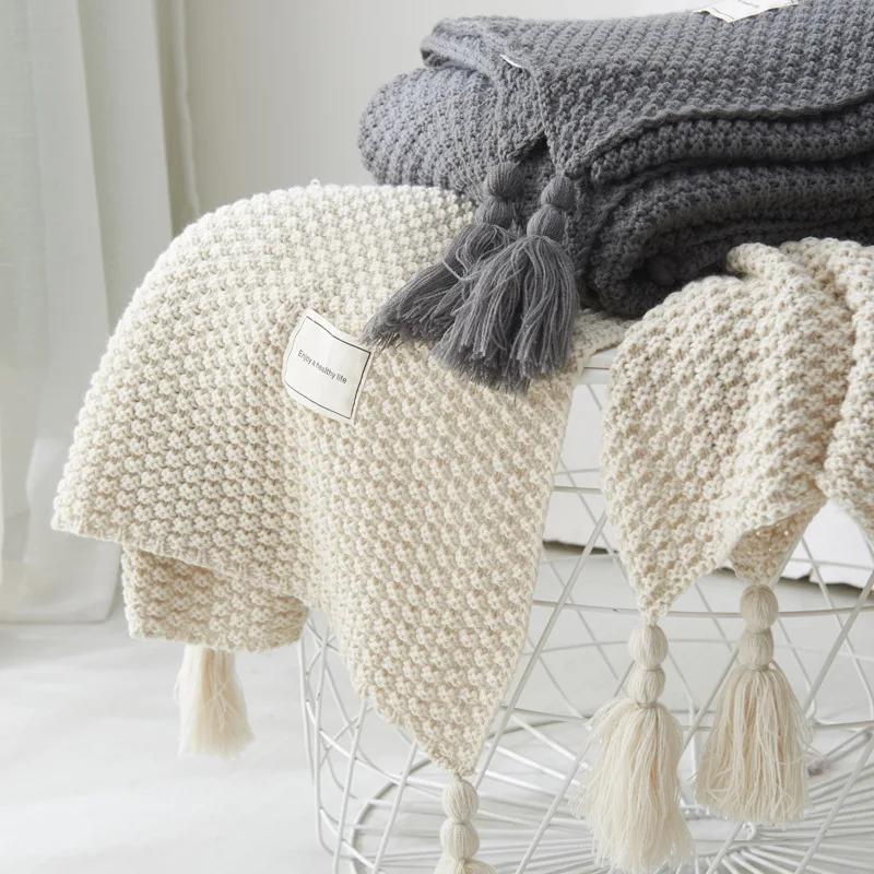 

Acrylic Knitted Tassel Blanket Solid Color Sofa Blanket Cover Nordic Home Decor Throw Blanket For Bed Portable Breathable Shawl