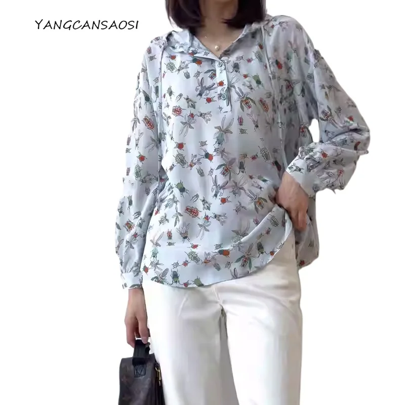 

Fun Age Reduction Clear Water Blue Printed 100% Natural Mulberry Silk Crepe De Chine Loose Versatile Hooded Casual T-shirt